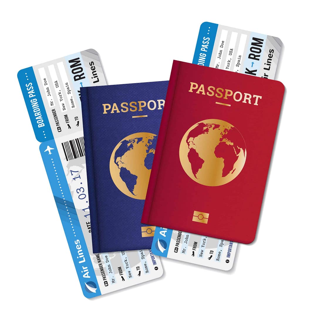 Two passports with boarding passes tickets realistic set international air travel agency advertisement poster image vector illustration